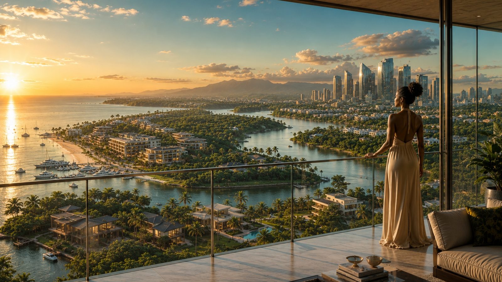 Vue panoramique : côte tropicale, forêt et skyline africaine au coucher du soleil